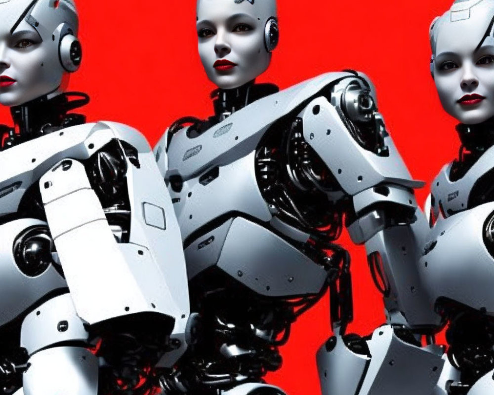 Three female humanoid robots on red background