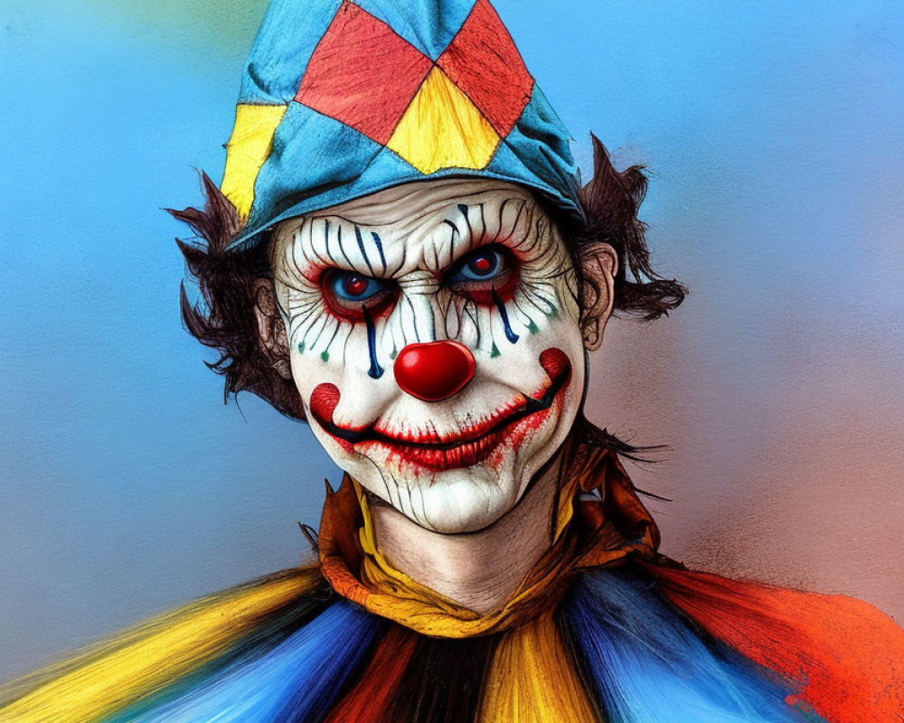 Colorful clown with cone-shaped hat and vivid makeup stares intently