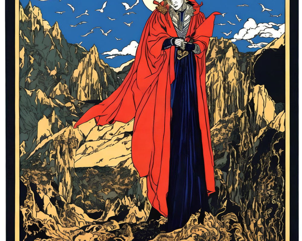 Illustration of figure in red cloak on mountain with full moon & birds