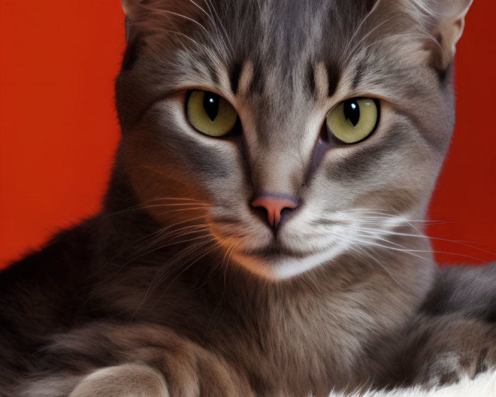 Grey Cat with Yellow Eyes Resting on Fluffy Surface Against Orange Background