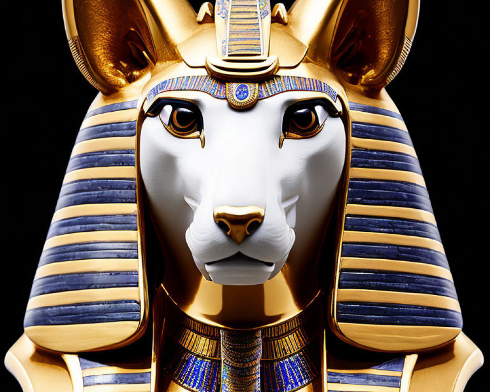 Detailed Egyptian Bastet statue with cat head and pharaonic headdress in gold and lapis laz