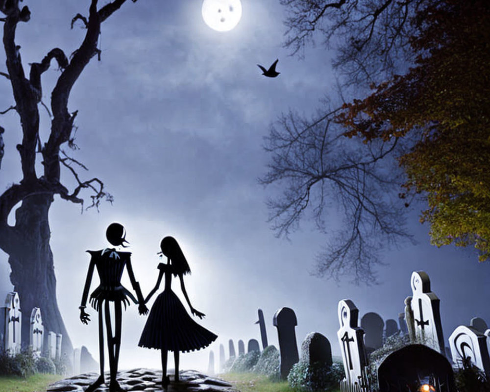 Silhouetted figures holding hands in moonlit cemetery with bat, gravestones, and tree