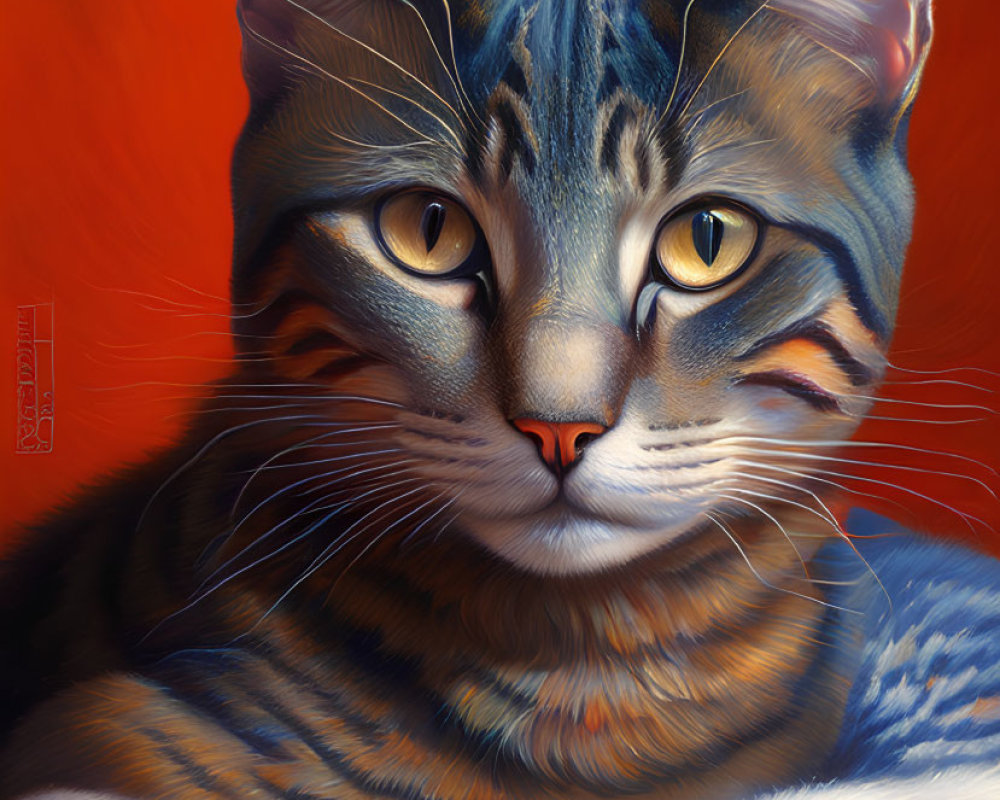 Detailed Illustration of Tabby Cat with Amber Eyes on Red Background