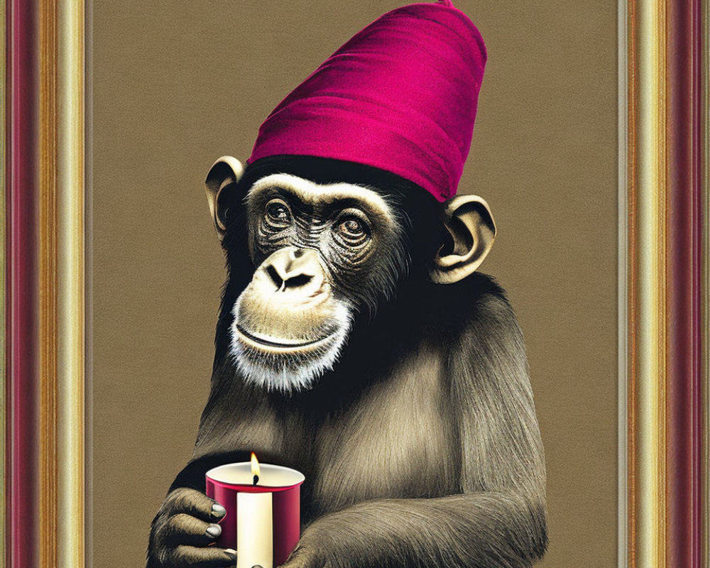 Chimpanzee with purple cone hat holding pink candle cup