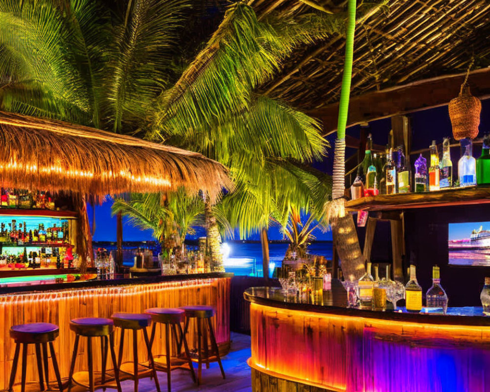 Nighttime Beach Bar with Thatched Roof, Colorful Lights, Bottles, and Wooden Stools