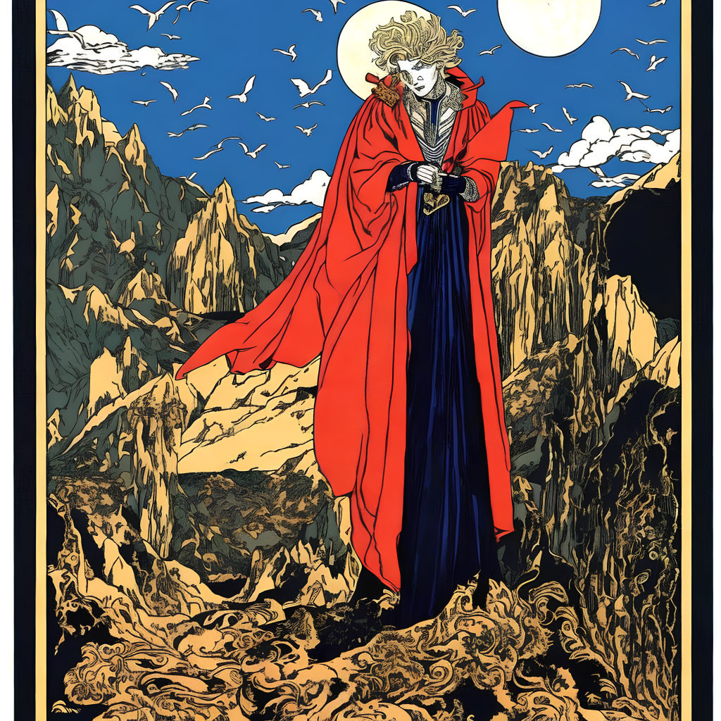 Illustration of figure in red cloak on mountain with full moon & birds