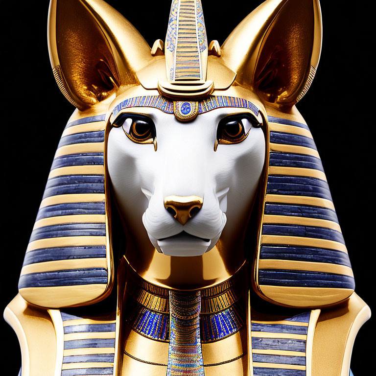Detailed Egyptian Bastet statue with cat head and pharaonic headdress in gold and lapis laz