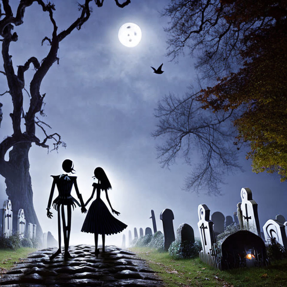 Silhouetted figures holding hands in moonlit cemetery with bat, gravestones, and tree