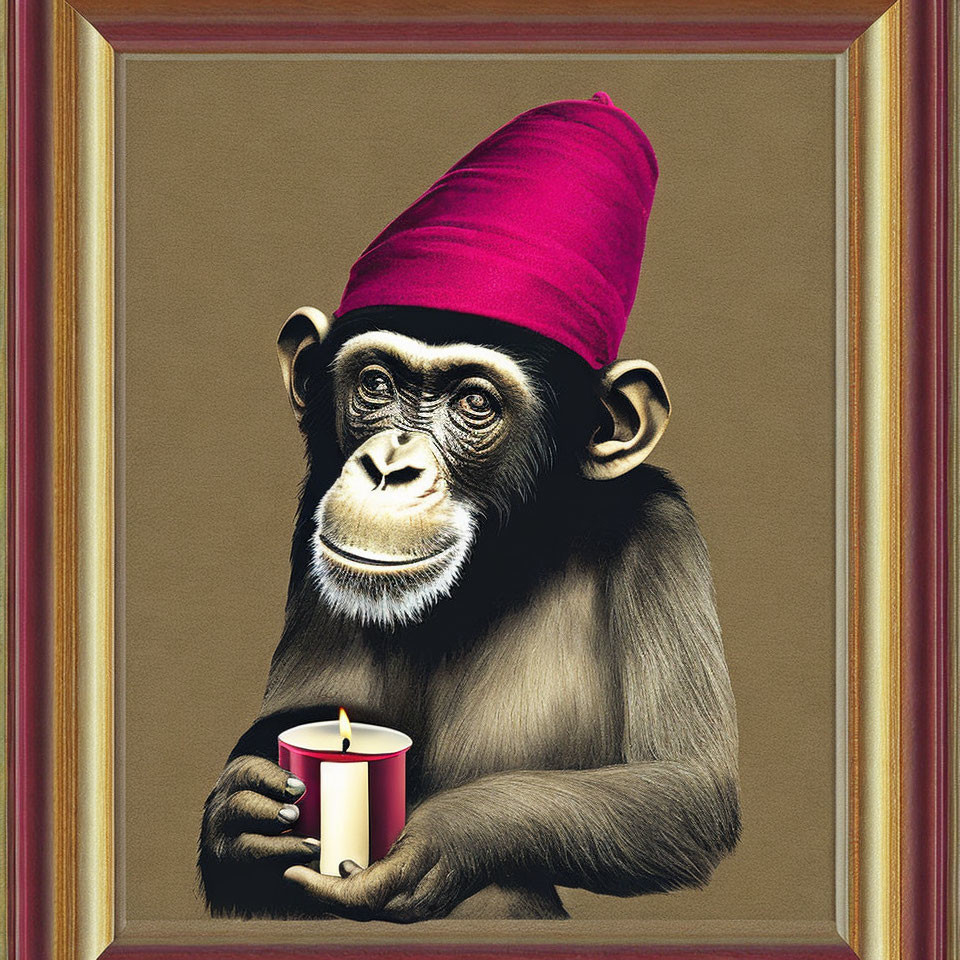 Chimpanzee with purple cone hat holding pink candle cup