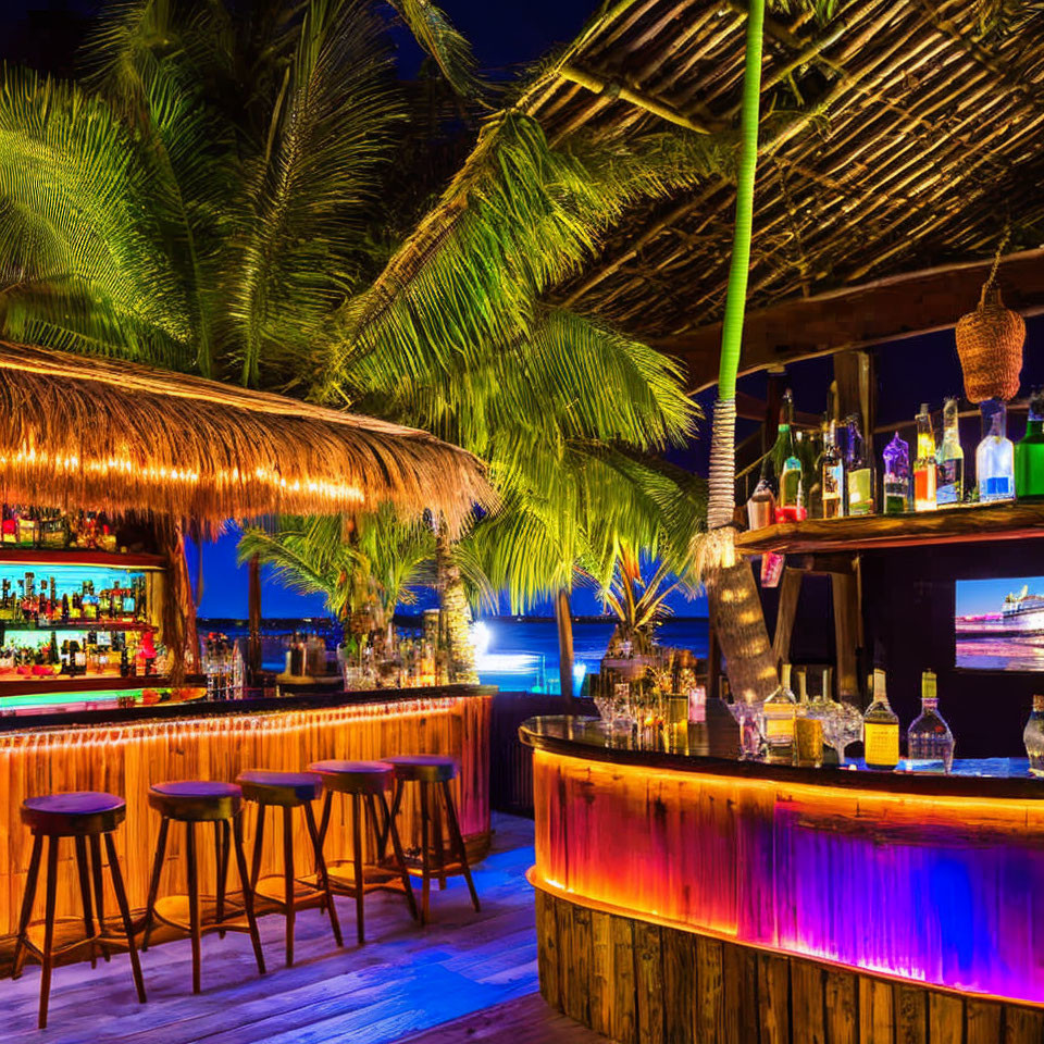 Nighttime Beach Bar with Thatched Roof, Colorful Lights, Bottles, and Wooden Stools