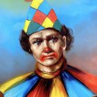 Colorful clown with cone-shaped hat and vivid makeup stares intently