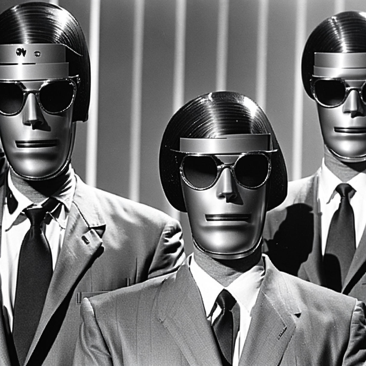 Three individuals in metallic masks and suits against striped background