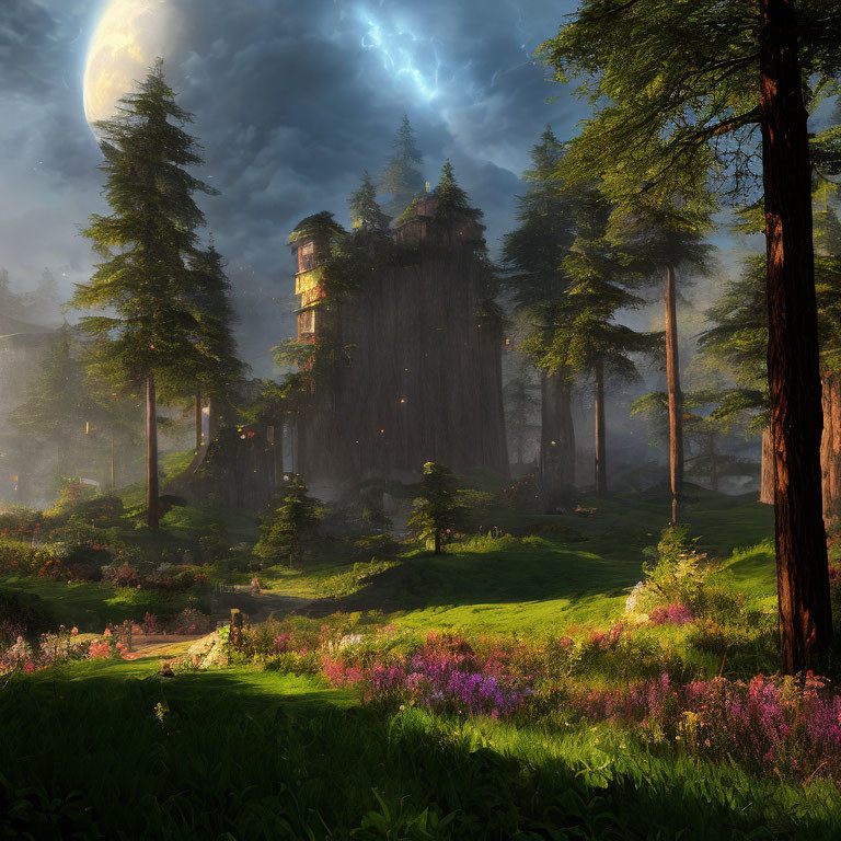 Moonlit forest scene with tree tower and wildflowers