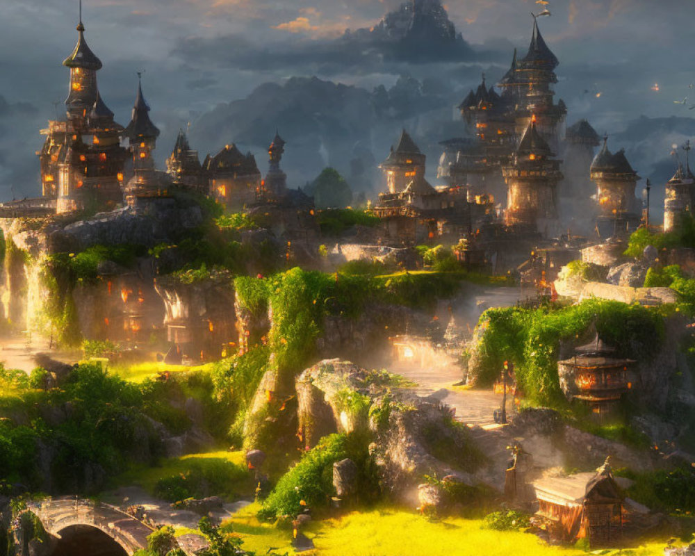 Ancient city with ornate towers in misty mountain landscape