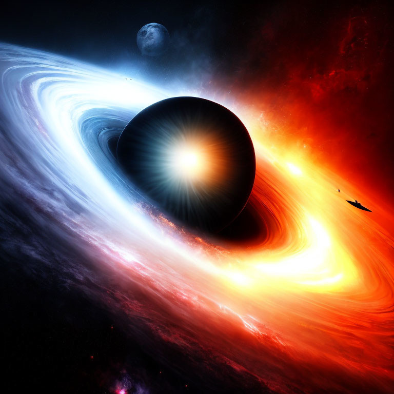 Cosmic scene with black hole, stars, planet, and spacecraft