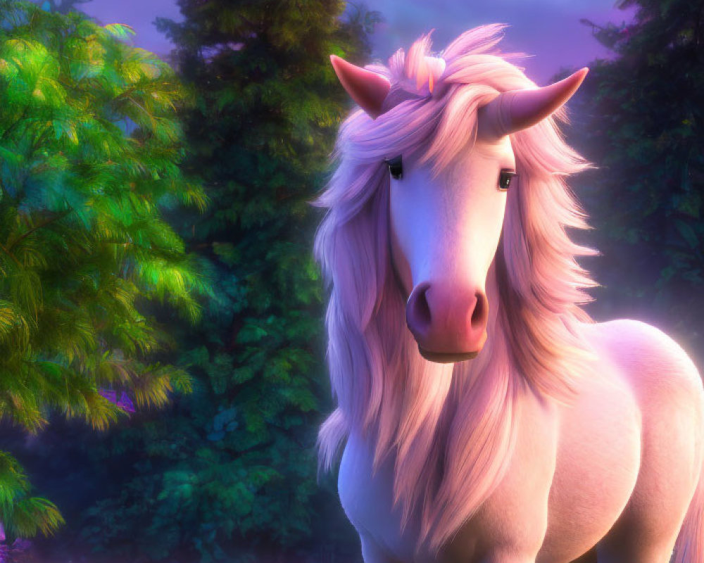 Majestic unicorn with flowing mane in vibrant forest clearing at sunset