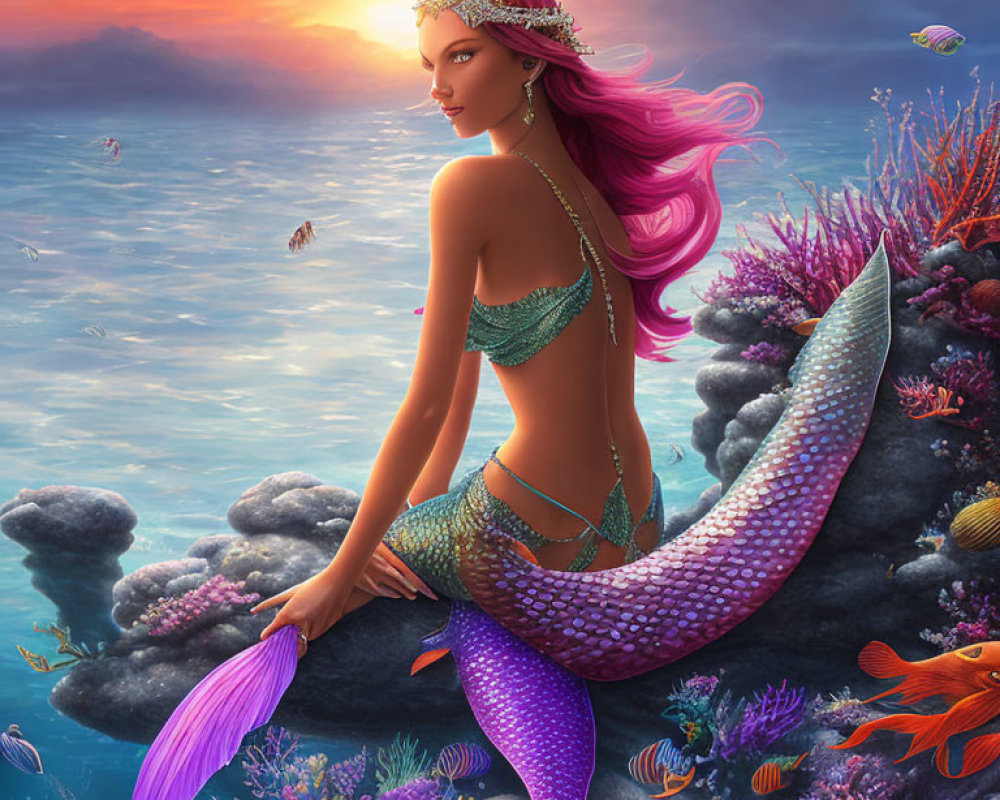 Pink-haired mermaid with tiara on rock in underwater sunset scene