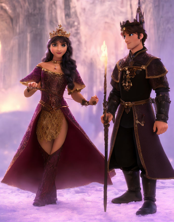 Animated fantasy characters: queen in purple gown and king in black outfit with staffs against misty purple