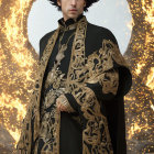 Regal Figure in Black and Gold Ornate Outfit Against Fiery Golden Ring Background