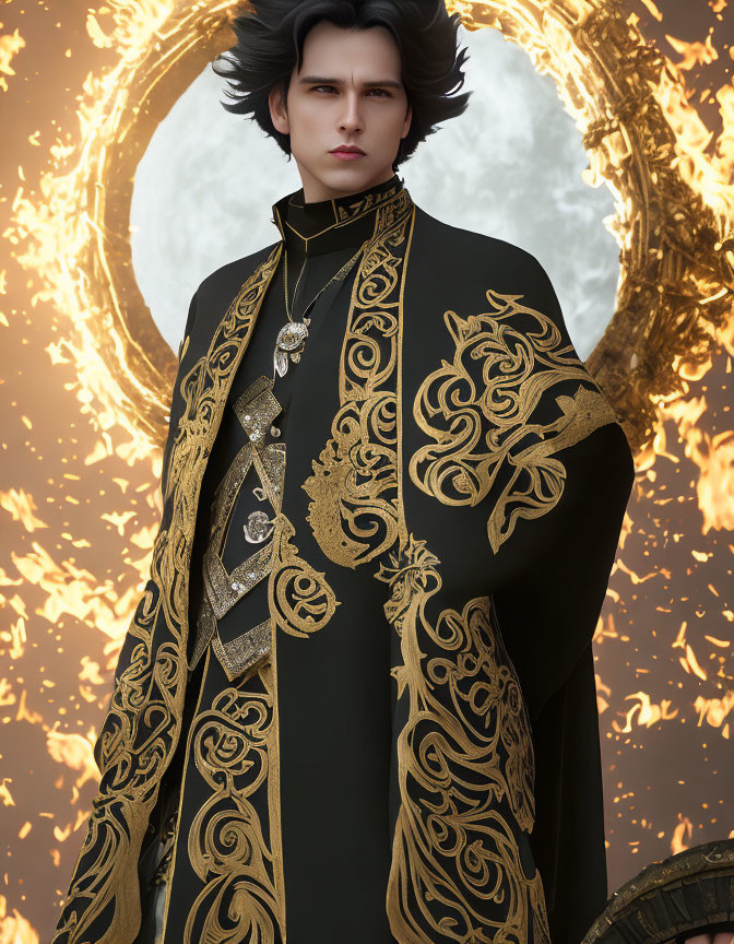 Regal Figure in Black and Gold Ornate Outfit Against Fiery Golden Ring Background
