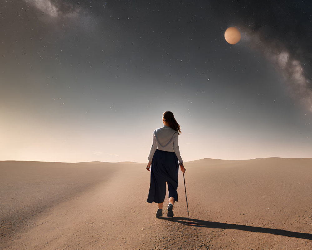 Person Walking in Serene Desert Landscape under Starry Sky