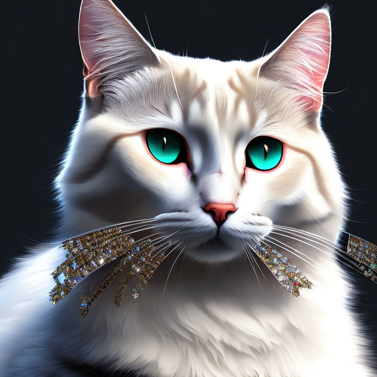 White Fluffy Cat with Turquoise Eyes and Jeweled Wings on Dark Background