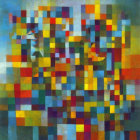 Colorful Abstract Painting with Blurred Cubist Mosaic Effect
