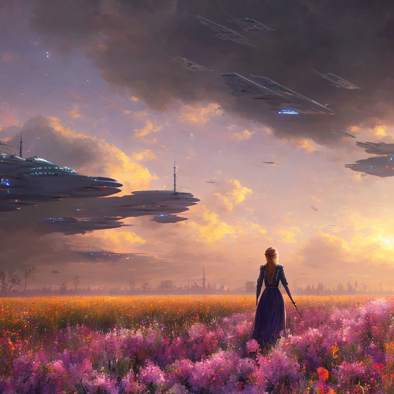 Woman in blue dress in flower field with futuristic spaceships and sunset