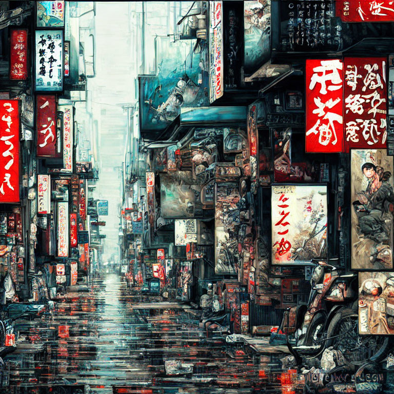 Neon-lit Asian city street scene with rain and motorbike