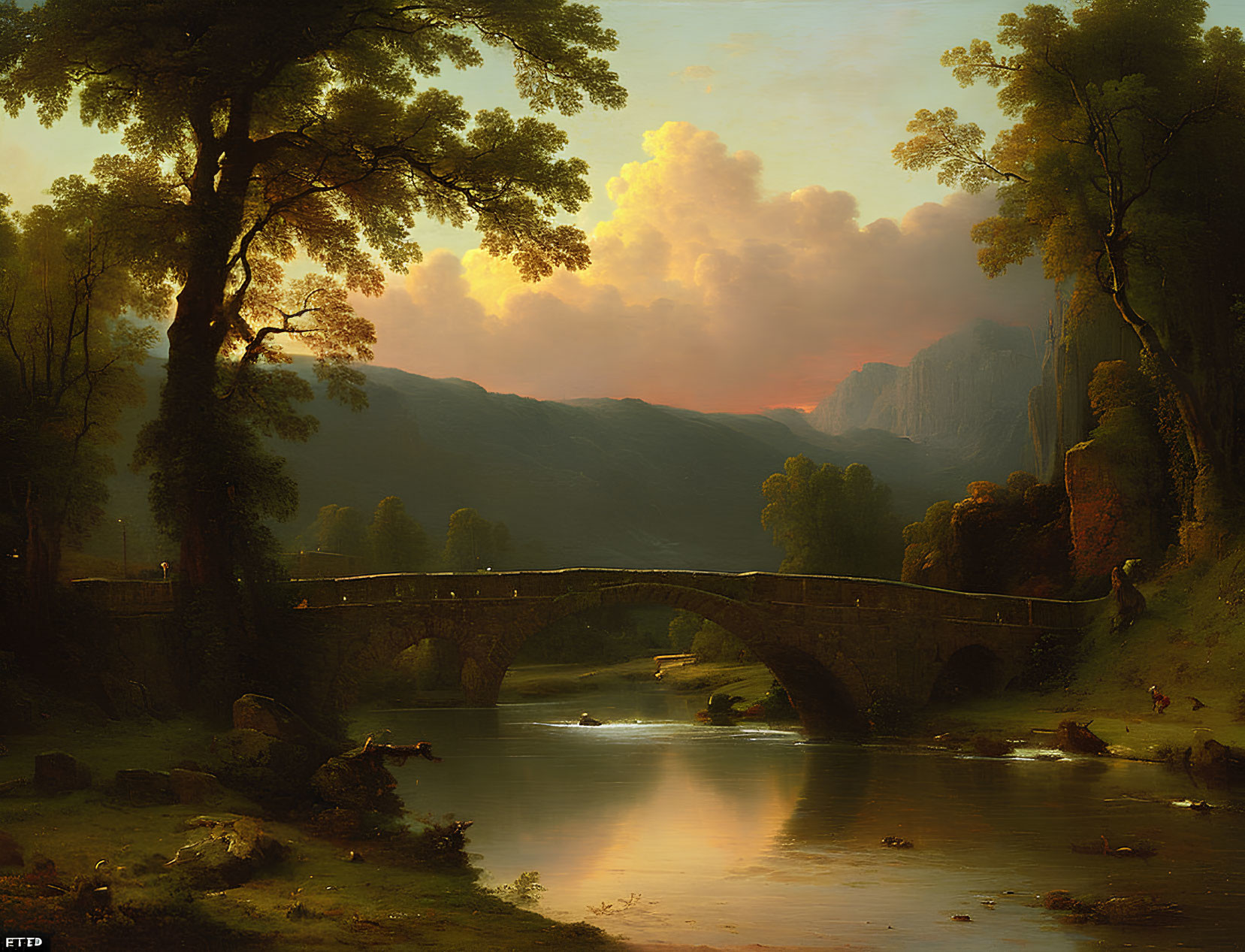 Tranquil river sunset with stone bridge, lush trees, mountains, and people.
