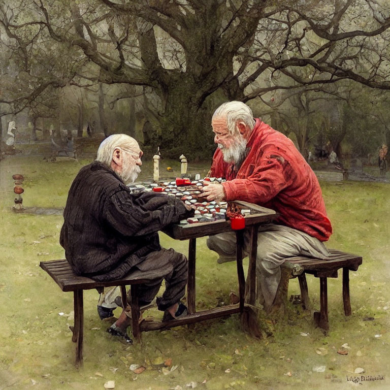Elderly men playing checkers in peaceful park