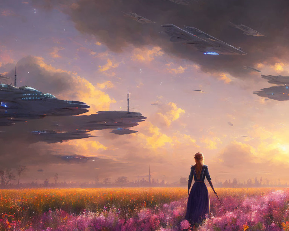 Woman in blue dress in flower field with futuristic spaceships and sunset