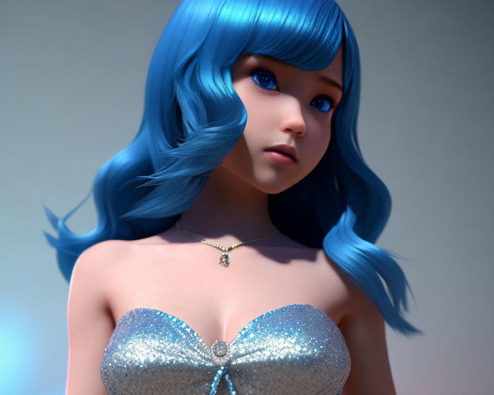 3D rendered image of girl with bright blue hair and glittery top under soft lighting