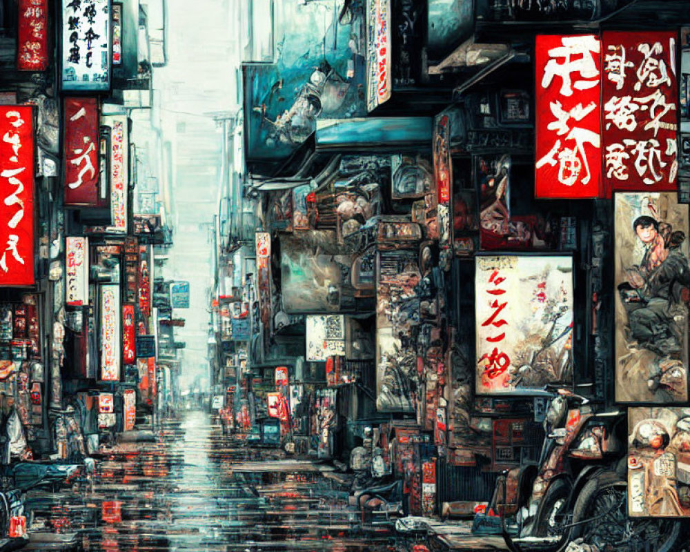 Neon-lit Asian city street scene with rain and motorbike