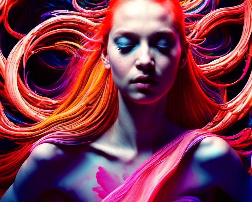Vivid red and orange wavy hair with blue eyeshadow on person against cool-toned backdrop
