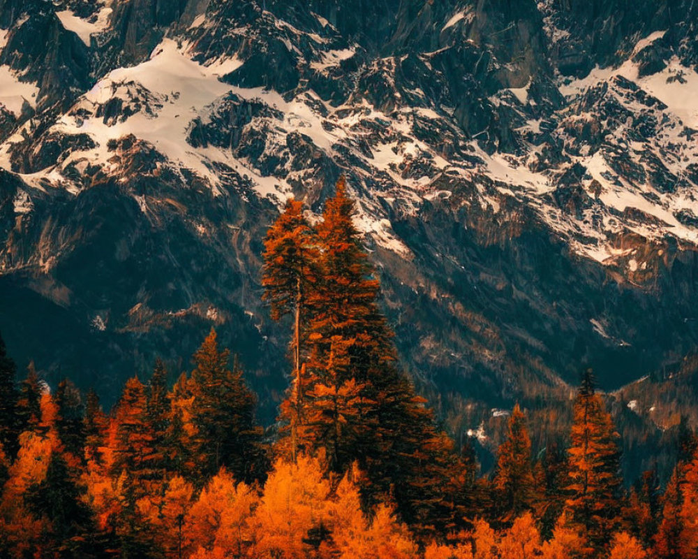 Vibrant orange foliage in autumnal forest with snowy mountain peaks