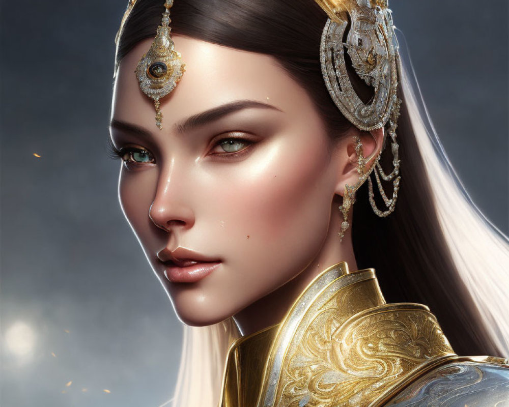 Striking digital portrait of a woman in gold headdress and armor