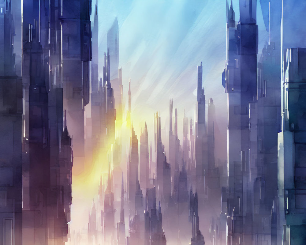 Futuristic cityscape with towering skyscrapers in sunlight