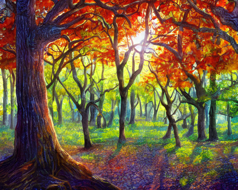 Lush forest landscape with fiery red-orange tree in sunlight
