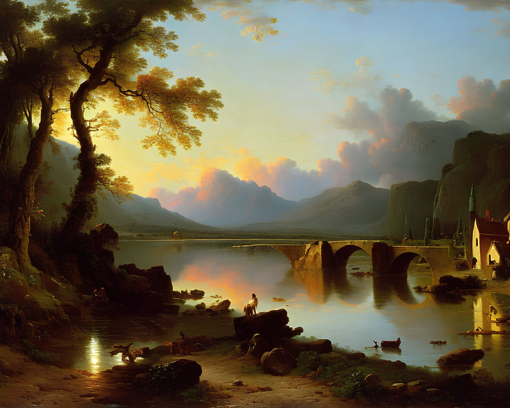 19th-Century Landscape Painting: Tranquil River Scene at Sunset