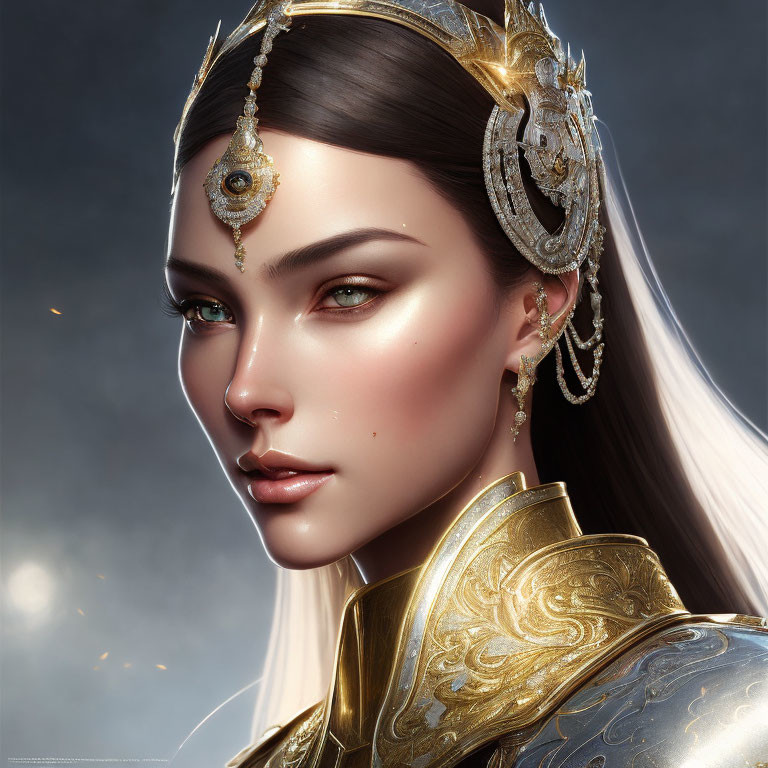Striking digital portrait of a woman in gold headdress and armor