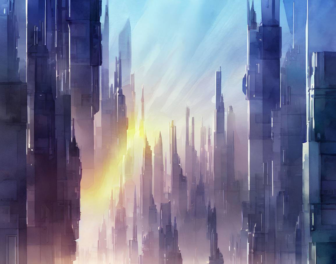 Futuristic cityscape with towering skyscrapers in sunlight