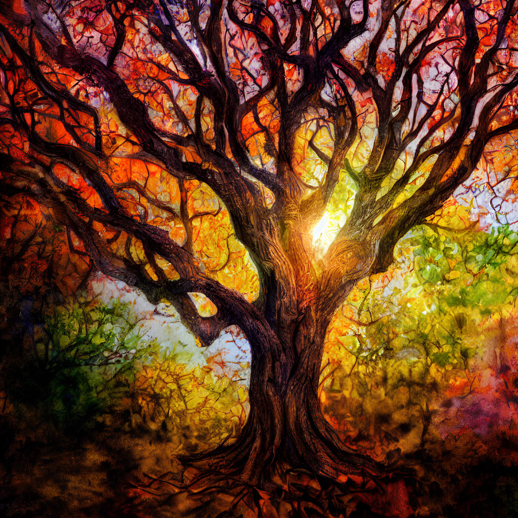 Vibrant autumn tree painting with intricate branches in warm hues
