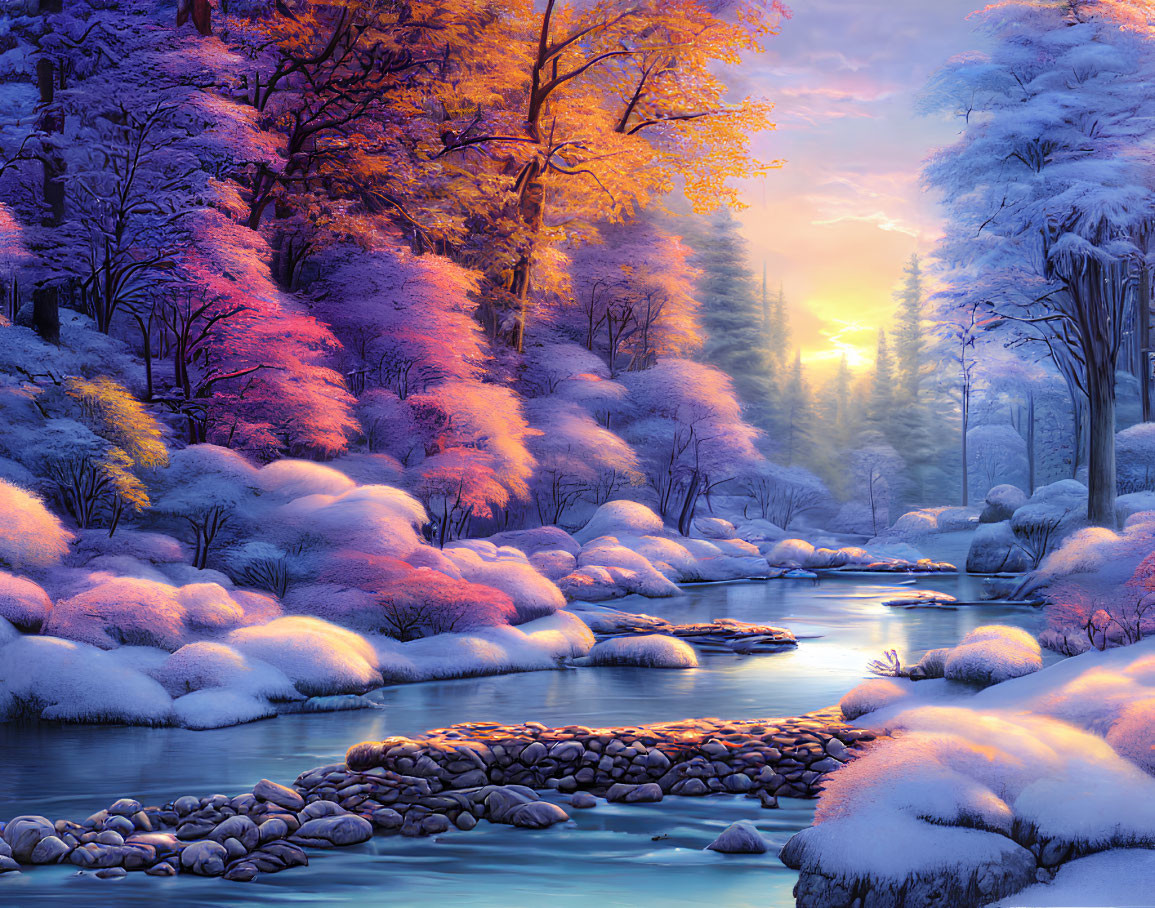 Winter river landscape with snow-covered stones and autumn trees at sunrise or sunset
