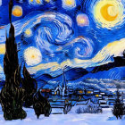 Vibrant painting of starry night sky over sleepy village