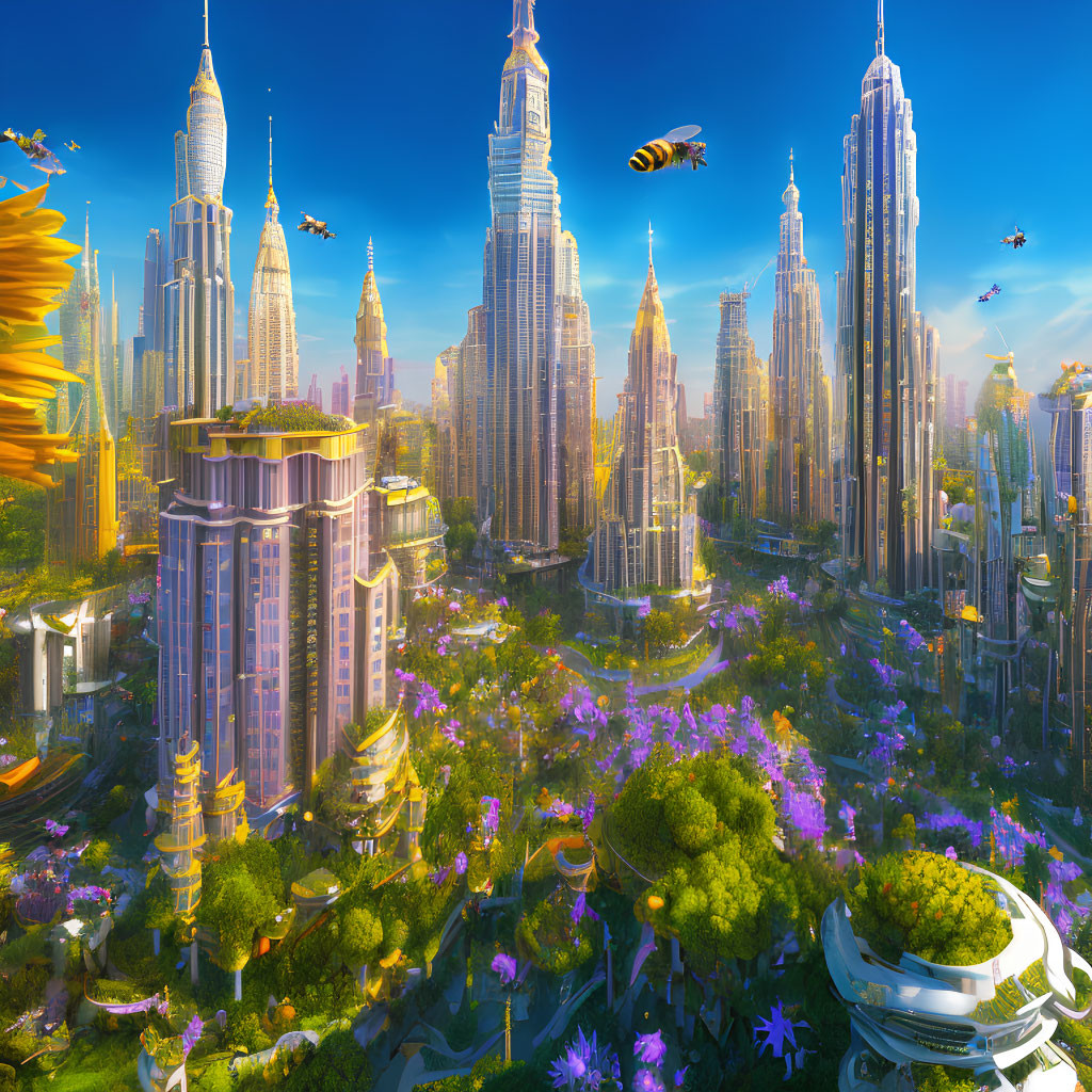 Futuristic cityscape with skyscrapers, greenery, flying vehicles