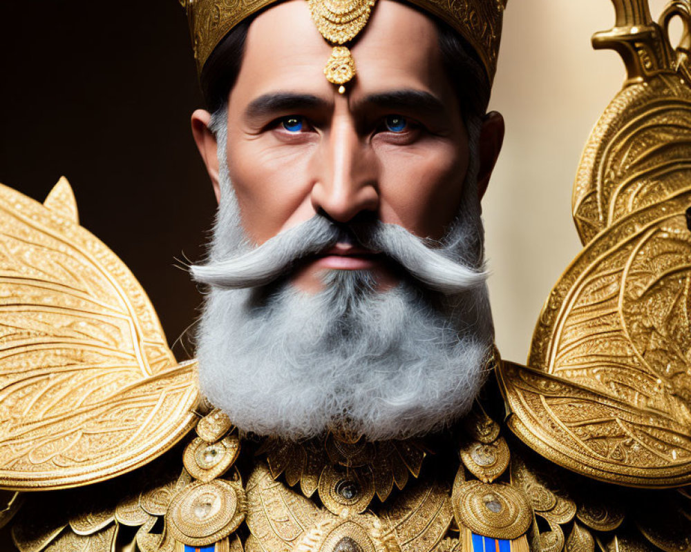 Prominent white mustache on regal man in golden crown and armor