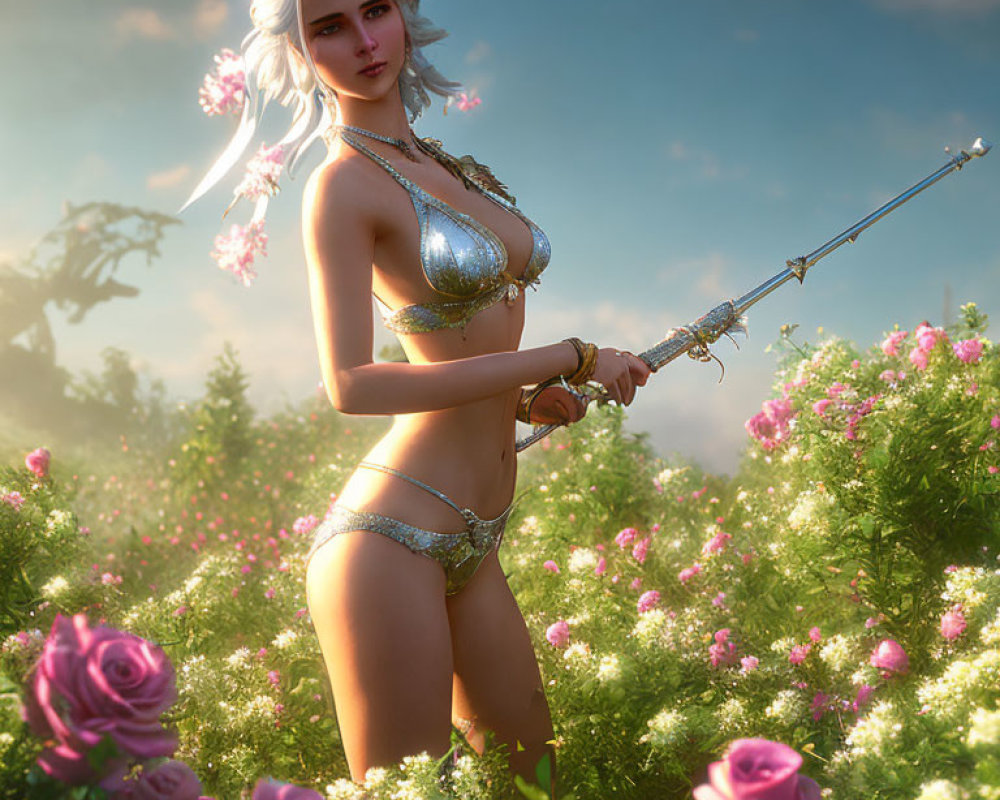 Fantasy female character with white hair in bikini armor holding a spear among blooming flowers