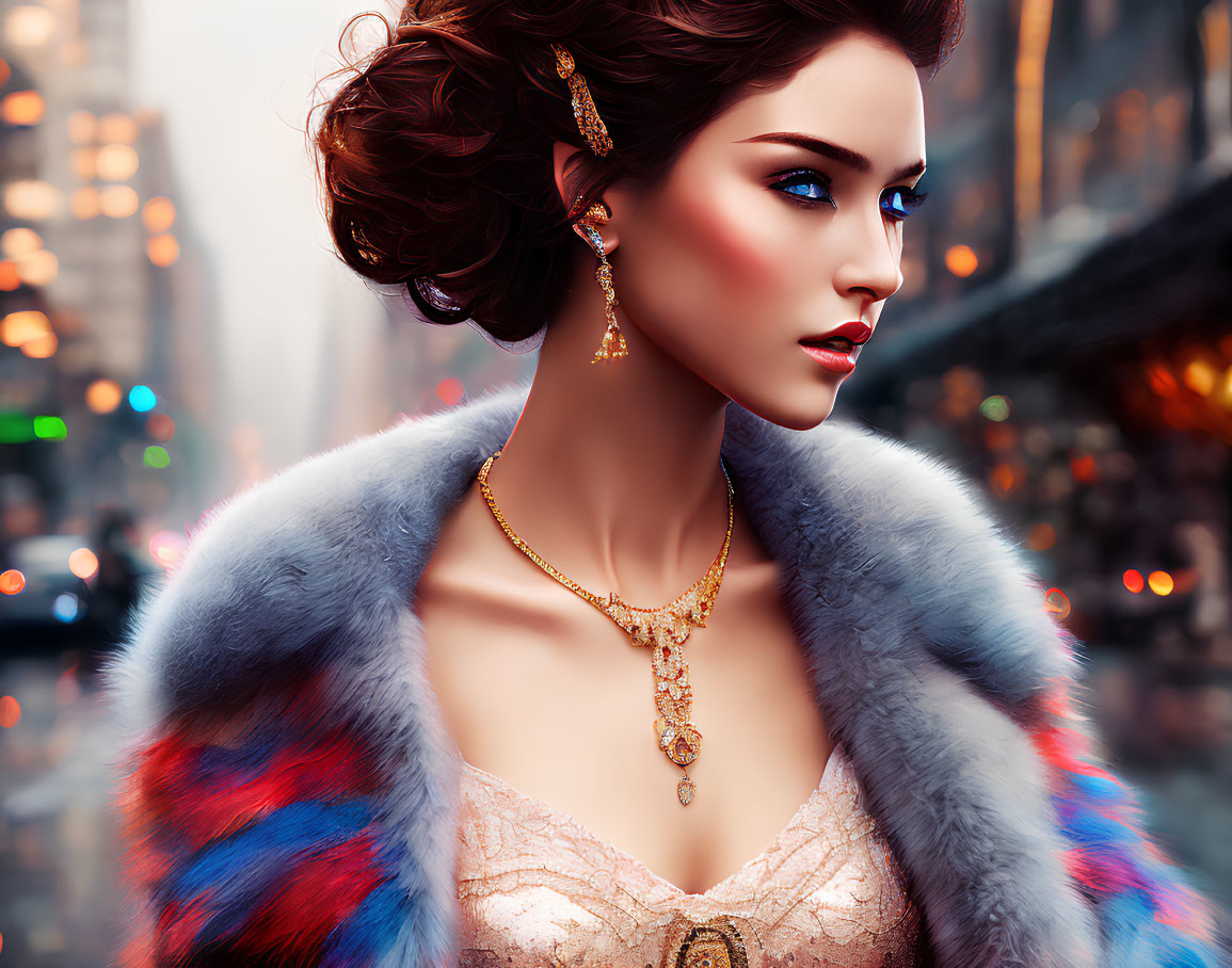 Illustrated Woman in Fur Coat with Elegant Makeup and Jewelry