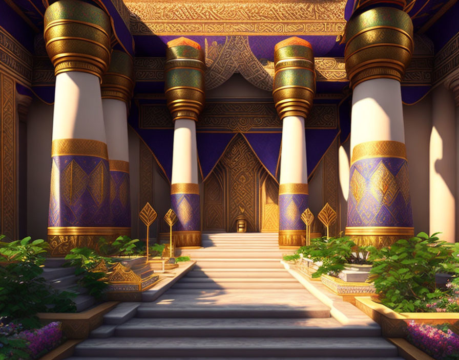 Opulent Palace Corridor with Towering Pillars and Gold & Blue Decorations